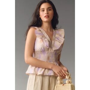 Hutch Lilac Floral Ruffle Peplum Top Smocked Waist V-Neck Sleeveless XS